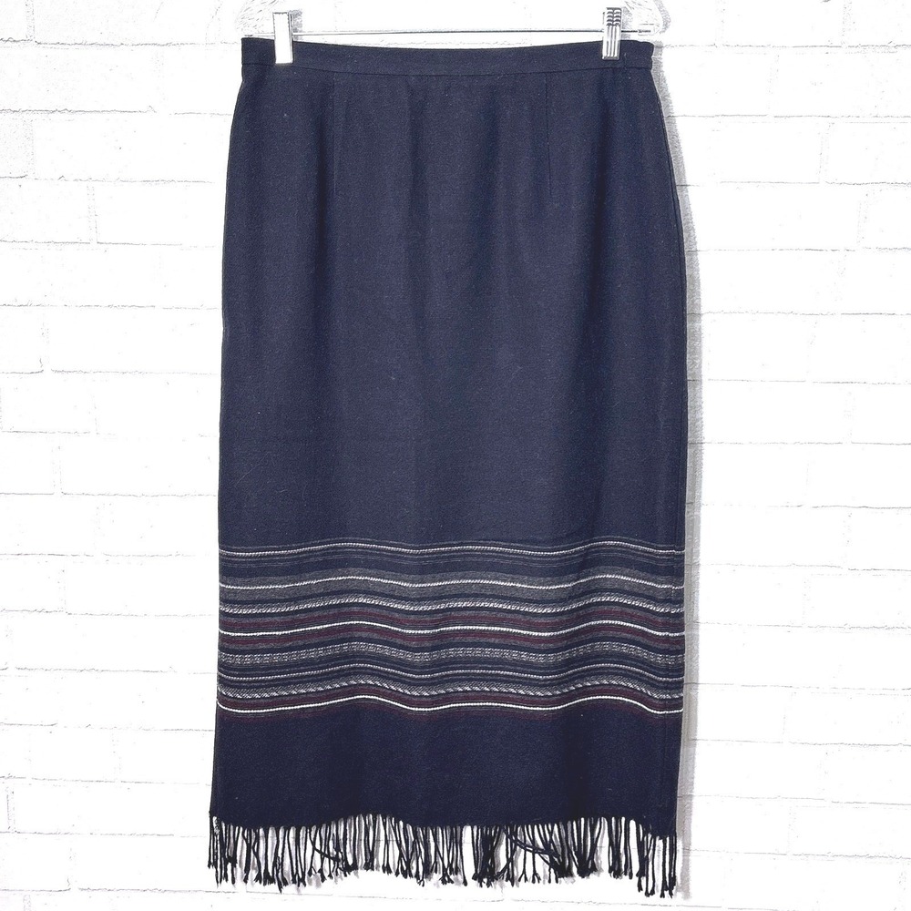 Vtg Briggs Navy Wool Blend Skirt 14 Fringe Lagenlook Western Minimalist Classic